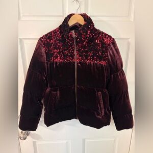 Anthropologie Maeve Vera Burgundy Sequined Velvet Puffer Jacket Medium